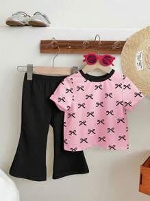 SHEIN Setelan Celana Lengan Pendek Leher Bulat Minimalis Kasual untuk Bayi Perempuan, Cocok untuk Musim Semi/Panas - MultiWarna - View 2