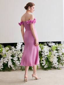 MOTF PREMIUM 3D FLOWER DECOR RUCHED MERMAID DRESS - Hot Pink - View 3