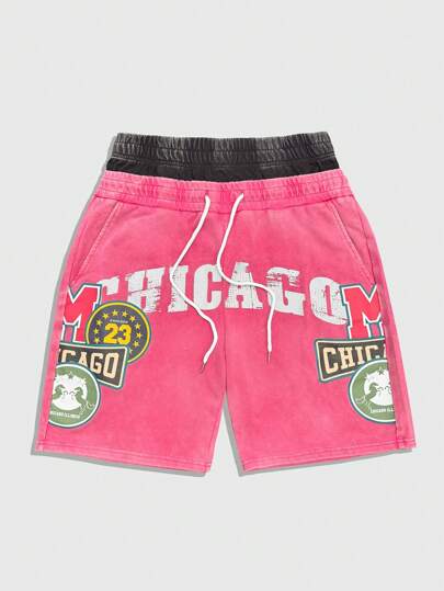 Men's Double-Waist Letter Print Pocket Drawstring Waist Shorts, Suitable For Summer