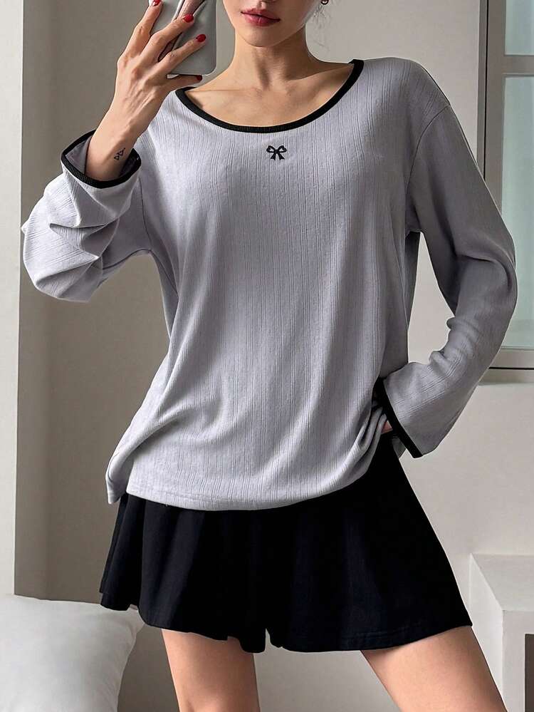 Bow Decor Colorblock Printed Loose Style Pajama Set For Women, Including Top And Pants