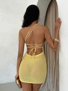 Glamine 不对称镂空露背系带蝴蝶结短款连衣裙，散发优雅度假气息，适合女性，夏季 - 黃色 - 查看 2