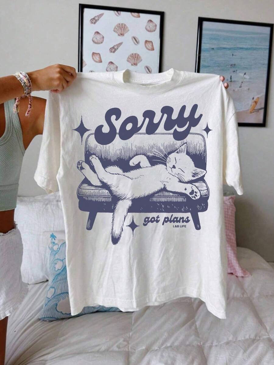 INAWLY 女士圓領短袖寬鬆時尚下坎肩貓咪和字母印花T恤 - 白色 - 查看 1