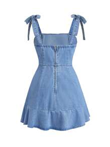 SHEIN EZwear Plus Size Summer Casual Ruffle Hem Shoulder Tie Denim Dress - Blue - View 2