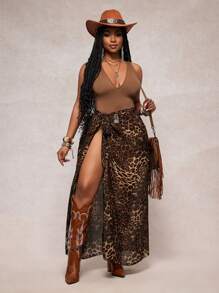 Slaydiva Spring/Summer New Arrival, Music Festival, Easter, Western Style, Nomadic Style, Bohemian, Nashville, Birthday Party, Graduation Season, Student Wear, Daily Casual, Versatile Basic, Leisure, Vacation, Cruise Travel, Beach, Sunbathing, Printed, Backless, Spaghetti Strap, Fitted Solid Bodysuit, Leopard Print Semi-Transparent Chiffon Coffee Color Wrap Skirt, Plus Size Women's Set - A - Brown - View 8