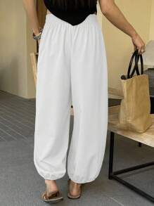 Pantalones holgados y cortos de unicolor tipo farol para mujer, pantalones casuales de verano - Blanco - Ver 2
