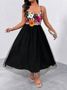 SHEIN Clasi Women's Elegant Black Summer Mesh Splicing Three-Dimensional Embroidered Flower Dress,Formal Evening Wedding Long Graduation Ball Yarn Dress - Black - View 3