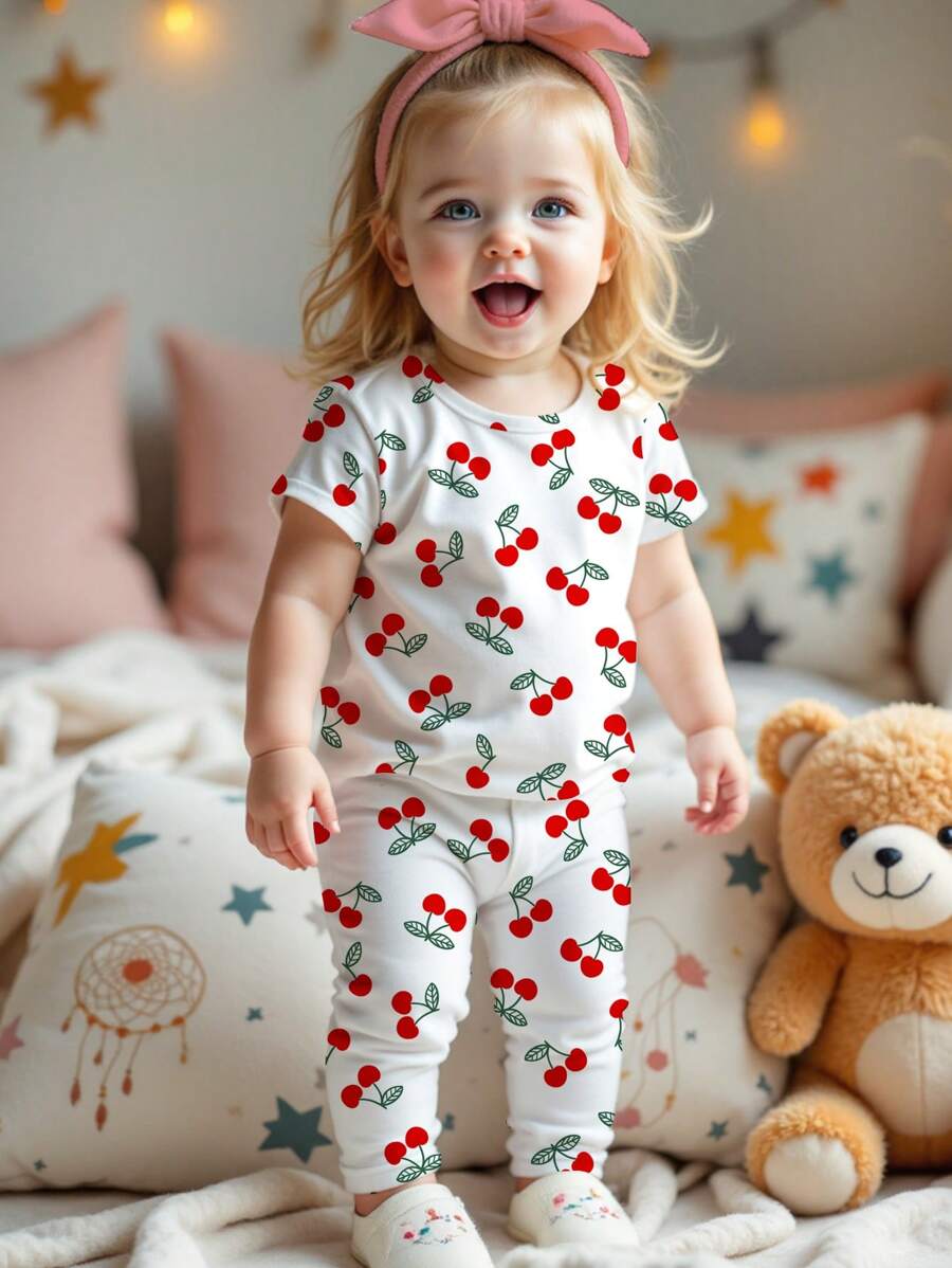SHEIN Baby Girl Cherry Print Casual Basic Snug Fit Round Neck Short Sleeve Pants Pajama Set, Suitable For Summer - Multicolor - View 1