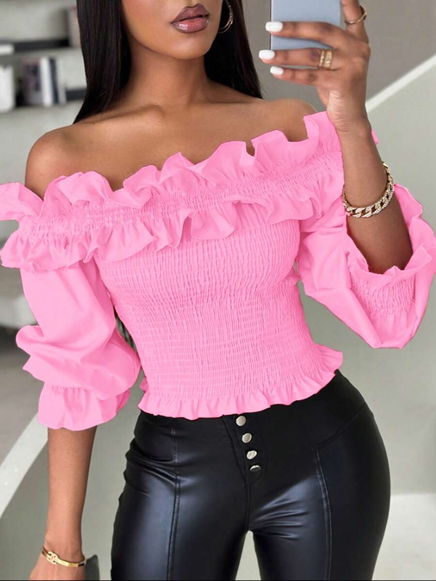 Xyvia Blusa corta con hombros descubiertos y decoración de volantes de color único para mujeres - Rosa - Ver 1