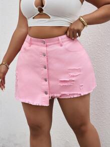 SHEIN SXY 大码纯色简约时尚牛仔短裤，适合夏季 - 粉色 - 查看 6