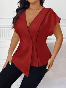 Celure Contrast Color Deep V-Neck Cap Sleeve Commuting Elegant Blazer Graduation,Back To School,Teacher Outfits For Women - Burgundy - View 1