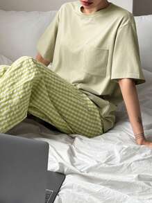 DAZY 2件套简约圆领T恤上衣和格子裤家居服套装 - 綠色 - 查看 5