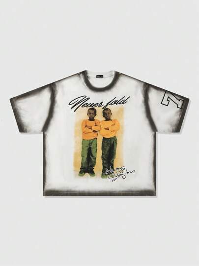 Street Life Men's Vintage Summer Fashion Handpainted People Print Loose Drop Shoulder T-Shirt