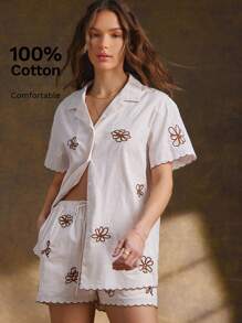 WESTFADE Spring Floral Embroidered Linen Like Button Front Short Sleeve Western Cowgirl Button Up Shirt For Summer Beach Vacation - White - View 1