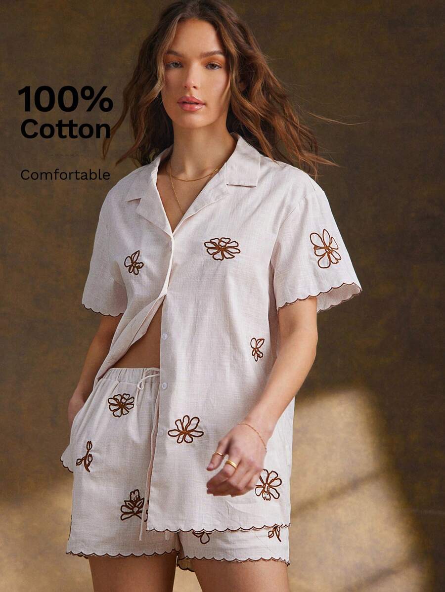 WESTFADE Spring Floral Embroidered Linen Like Button Front Short Sleeve Western Cowgirl Button Up Shirt For Summer Beach Vacation - White - View 1