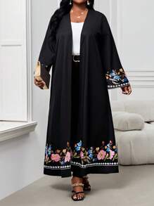 SHEIN Lady Abrigo largo elegante de mujer de talla grande con bordado falso para vacaciones de verano, para mujer, negro, para invitada de boda, cumpleaños casual de mujer, 4 de julio - Negro - Ver 1