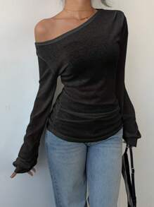 Siren Gaze 春夏女装纯色斜领长袖T恤女休闲宽松休闲风格透视上衣沙滩度假风女装露肩上衣 - 黑色 - 查看 5