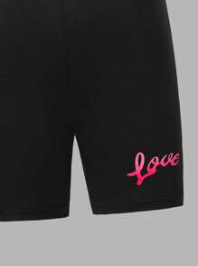 SHEIN Conjunto de camiseta suelta de color rosa rojo con corazón + leggings versátil y casual para fiesta del Día de San Valentín para niña preadolescente