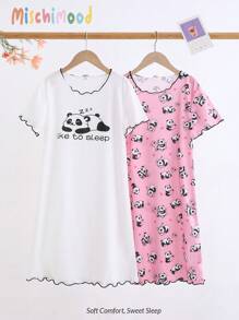 2 件套女童可爱熊猫印花短袖长睡袍，休闲家居服，白色和粉色底色 - 彩色 - 查看 2