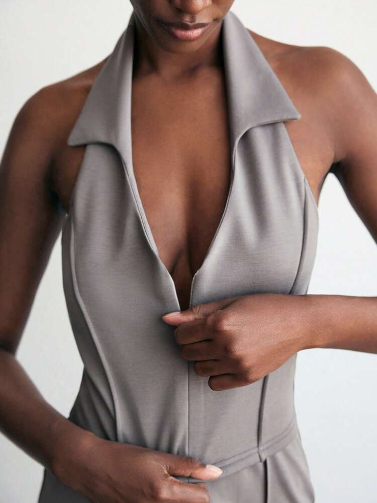 SHEIN Maija Wiosenno-letni, nowy, szary, damski top bez rękawów z kołnierzykiem typu halter i niewidocznym zamkiem błyskawicznym, elegancki na karnawał, imprezę, Walentynki, powrót do szkoły, festiwal muzyczny, formalne spotkanie towarzyskie, dojazdy do pracy