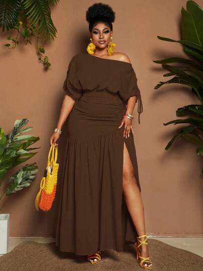 Maweii Plus Size Women Beach Resort Casual Solid Color Asymmetric Neck Top And Side Slit Skirt 2 Pieces Set