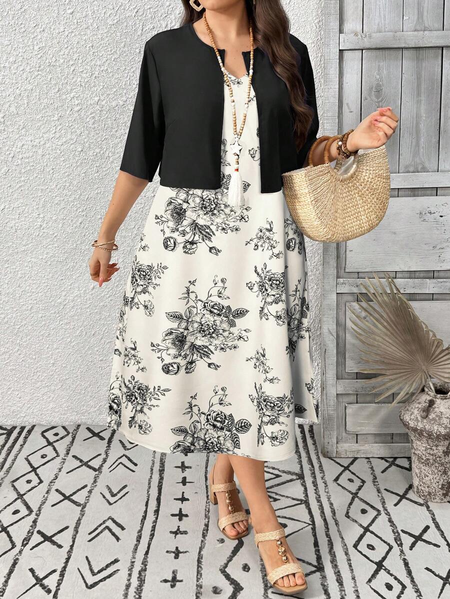 EMERY ROSE Bộ 2 áo khoác cardigan trơn cỡ lớn cho nữ kèm váy không tay họa tiết hoa cổ chữ V - màu đen - Xem 1