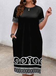 EMERY ROSE Plus Size Women's Elegant Black And White Geometric Print Dress,Summer Smart Casual Round Neck Short Sleeve Pocket Dress For Vacation,Spring Outfits - Multicolor - View 3