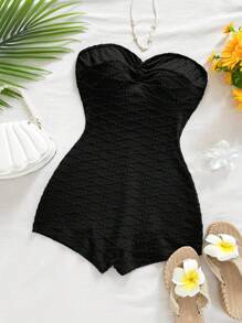 SHEIN WYWH Women's Black Summer Elegant Beach Vacation Holiday Knit Texture Twist Bandeau Jumpsuit,Resort Wear Fitted Design For Party,Date,Cruise Vacation - Black - View 4