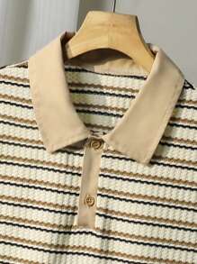 SHEIN Vacaura 2pcs Casual Stripe & Waffle Pattern Big Boy Polo Shirt And Shorts Set, Suitable For Summer Daily Wear & Recreation Summer Holiday