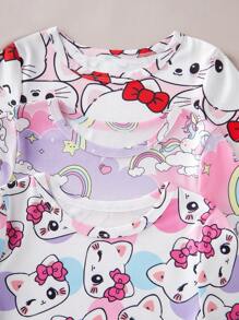 Set de 3 piezas de pijama ajustado con camiseta de manga corta y pantalones cortos con estampados de mariposa, corazón y flor para niñas pequeñas
