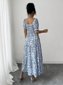 Selianne 2025 Spring/Summer New French Style Ditsy Floral Square Collar Puff Sleeve Waist Cinched Short Sleeve Patchwork Loose Midi Dress - Blue and White - View 2