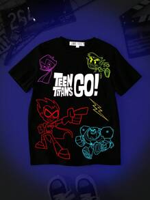 Teen Titans Go X SHEIN Maglietta nera a maniche corte con grafica a cartoni animati, adatta per ragazzi, ideale per l'estate