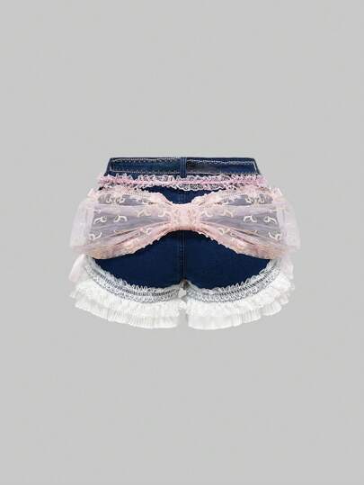 Kawaii Damen Y2K sexy Shibuya Gyaru tief sitzende Spitzen-Rüschen Schmetterling verzierte Denim-Shorts