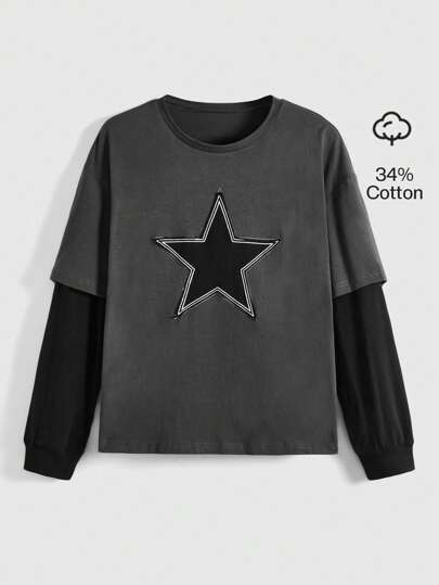 Grunge Punk Women's Star Patch 2 In 1 T-Shirt, School