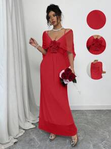 Rafferiza Customized Spring/Summer 3D Floral Sheer Mesh Poncho Feeling Long Dress, Suitable For Wedding, Party, Photo Shooting