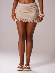 MUSERA Crochet Knit Frayed Tassel Hem Fitted Mini Skirt Cover Up Swim Ibiza Sexy Vacation Holiday Spring Summer Festival Beachwear Romantic Elegant Birthday, Beach Club Winter Date Night Chic Sweater Spring Summer Vacation - Multicolor - View 2