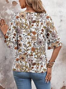 EMERY ROSE Women's Casual Loose Double Layer Ruffle Hem Short Sleeve V-Neck T-Shirt, Suitable For Summer Suitable For Going Out - Multicolor - View 2