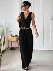 SHEIN EZwear 夏季黑色纹理针织领带吊带背心和裤子套装 - 黑色 - 查看 3