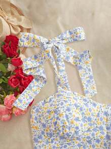 SHEIN VCAY Áo ba lỗ buộc dây in họa tiết dệt cho nữ, trang phục dạo phố thường ngày mùa xuân, kỳ nghỉ - Màu xanh lam - Xem 4