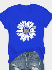 SHEIN LUNE Plus Size Floral Print Round Neck Short Sleeve T-Shirt, Suitable For Summer - Royal Blue - View 1