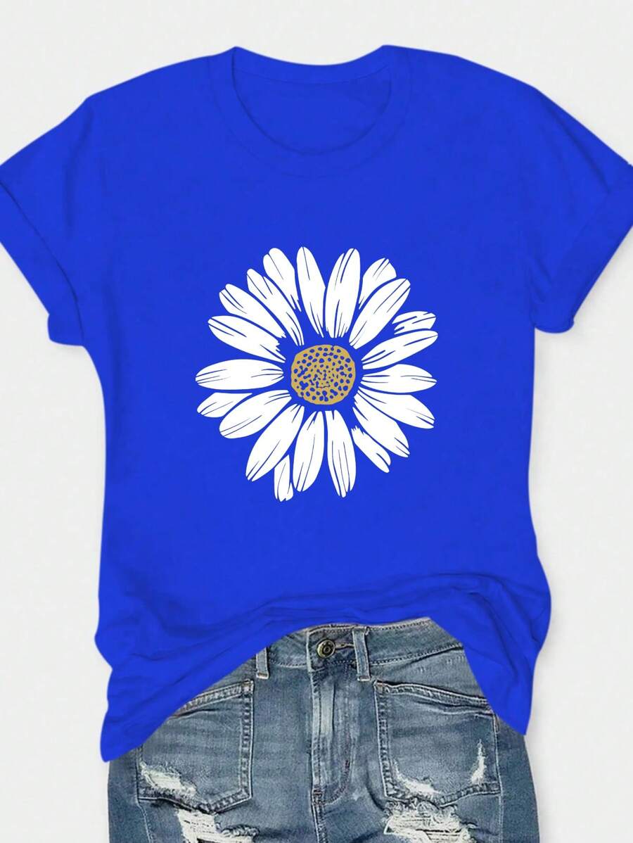 SHEIN LUNE Plus Size Floral Print Round Neck Short Sleeve T-Shirt, Suitable For Summer - Royal Blue - View 1