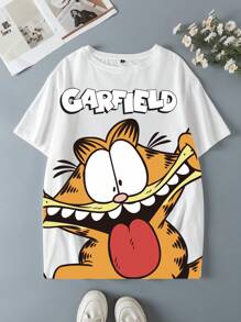 GARFIELD | SHEIN Plus Size Cartoon Graphic Print Casual Round Neck Short Sleeve T-Shirt - White - View 3