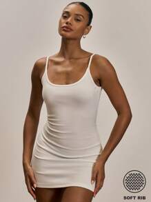 MUSERA ESSENTIALS Rib Scoop Neck Fitted Bodycon Mini Dress Basic Spring Summer Staple Ibiza Holiday Beach - White - View 1