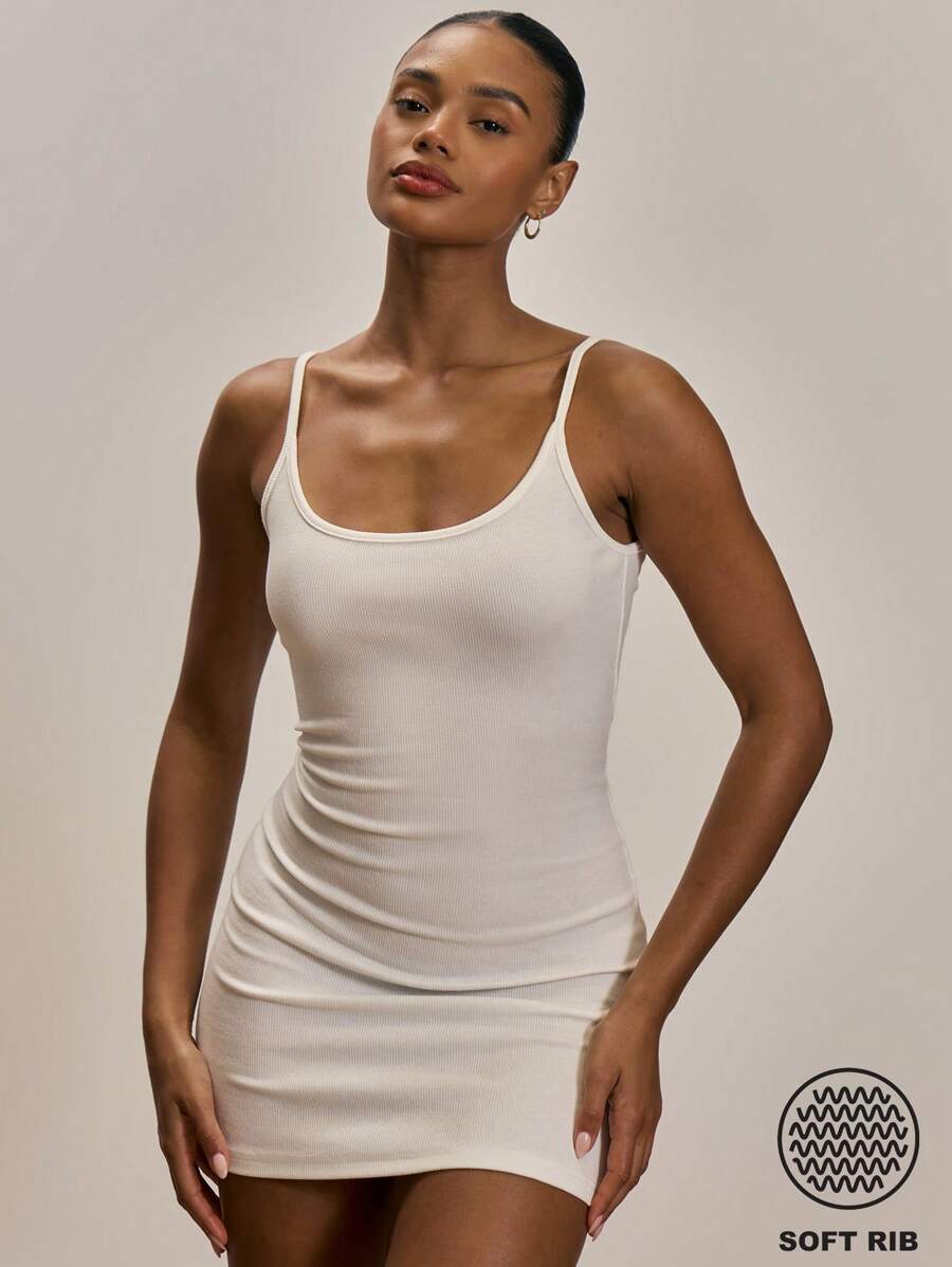 MUSERA ESSENTIALS Rib Scoop Neck Fitted Bodycon Mini Dress Basic Spring Summer Staple Ibiza Holiday Beach - White - View 1