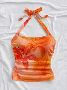 SHEIN WYWH 大码女式扎染热带花卉印花休闲宽松挂脖背心，夏季 - 黃色 - 查看 3