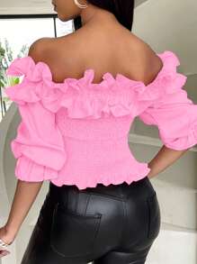 Xyvia Blusa corta con hombros descubiertos y decoración de volantes de color único para mujeres - Rosa - Ver 2