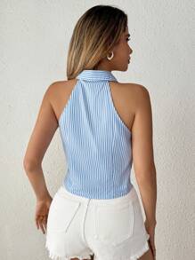 SHEIN Tall Women's Sleeveless Striped Collared Slim Fit Ruched Blouse, Spring/Summer - Blue and White - View 2