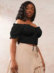 SHEIN SXY Women's Plus Size Bohemian Solid Color Ruffle Off Shoulder Short Sleeve Blouse