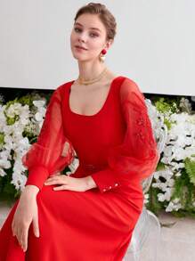 MOTF PREMIUM BEADS CONTRAST MESH COCKTAIL DRESS - Red - View 4