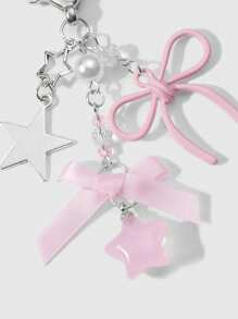 ROMWE Kawaii Bộ 2 món/Bộ thời trang nữ tính dây chuyền bạc ren nơ ngôi sao phụ kiện túi + nơ acrylic rỗng ngọc trai giả nhựa ngôi sao trái tim móc khóa tự làm, phong cách Hàn Quốc dễ thương dành cho phụ nữ, thích hợp để đeo hàng ngày và làm quà tặng ngày lễ - Hồng - Xem 7