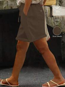 Linhara Plus Size Women's Short Waist Drawstring Wash Cotton Decorative Button Pockets Vacation Shirt - Brown - View 1